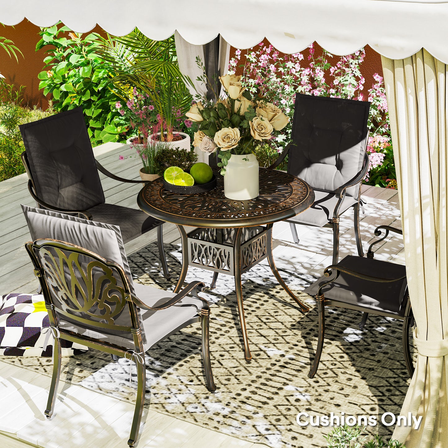 Outsunny 4er Set Sitzkissen 108 x 50 x 5 cm Stuhlkissen mit Bändern, Outdoor Indoor Sitzauflage Dunkelgrau