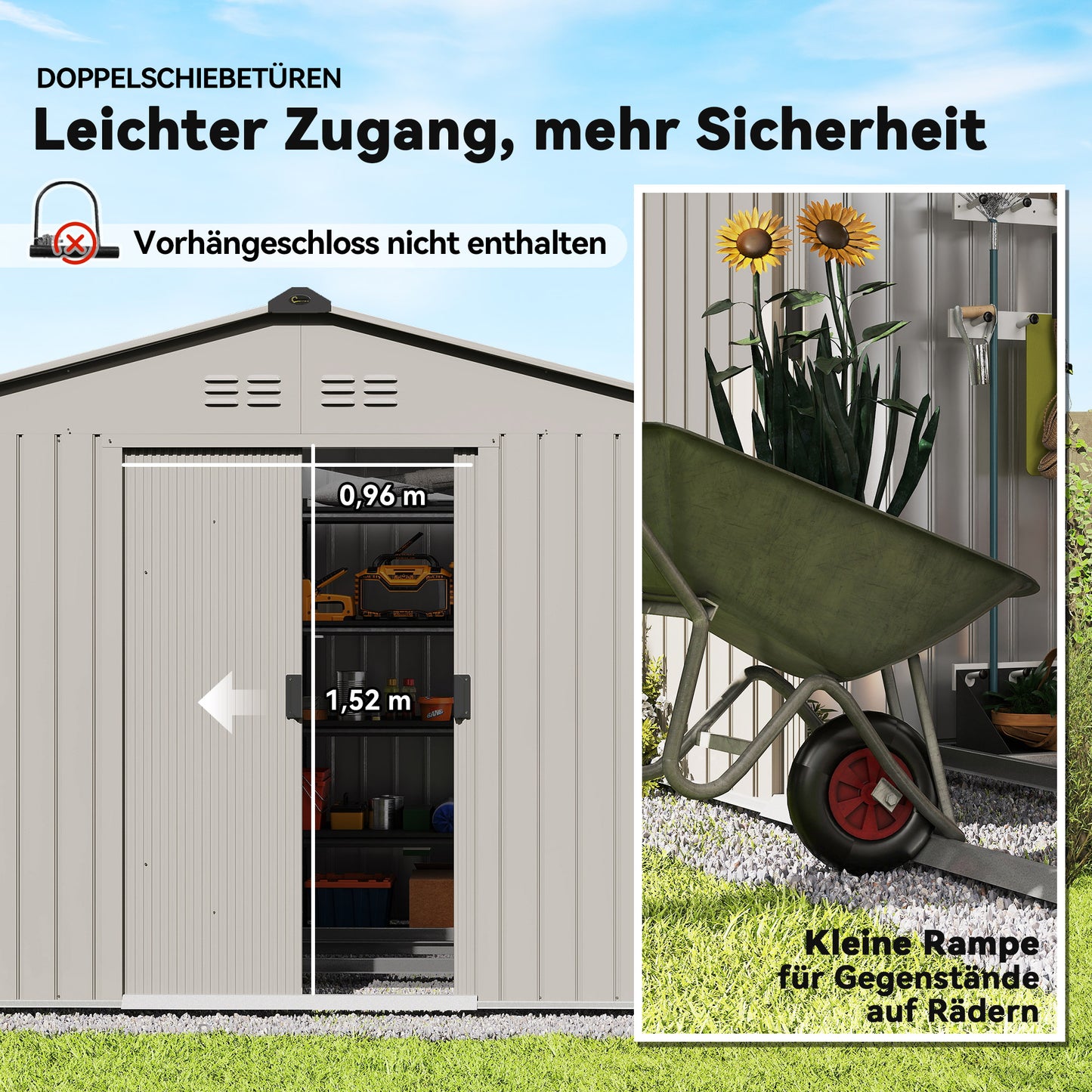 Outsunny Geräteschuppen aus Metall mit Schiebetüren und Belüftungsfenstern، 277 × 195 × 192 سم، غراو
