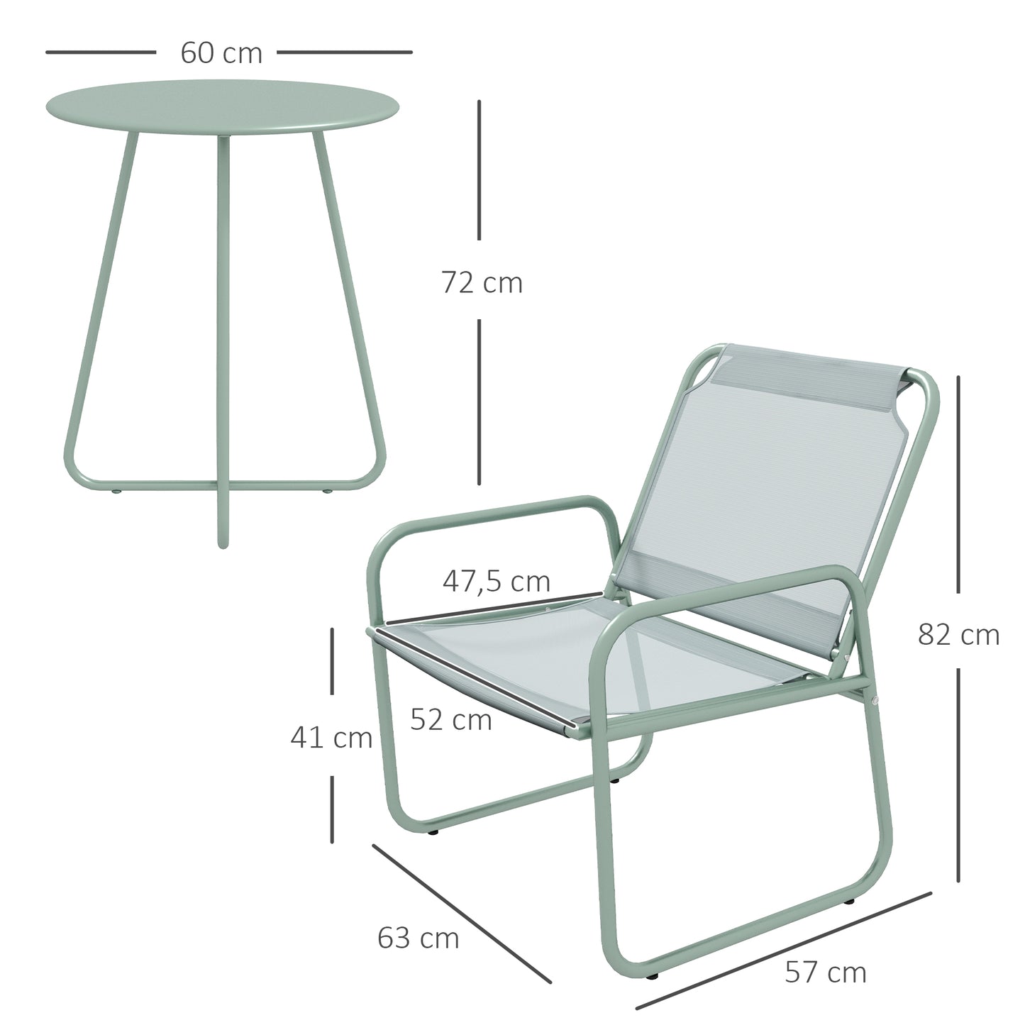 Outsunny 3-teiliges Gartenmöbelset، 2 Stühle mit atmungsaktivem Stoffbezug، 1 عداء Tisch Ø60 سم، Grün