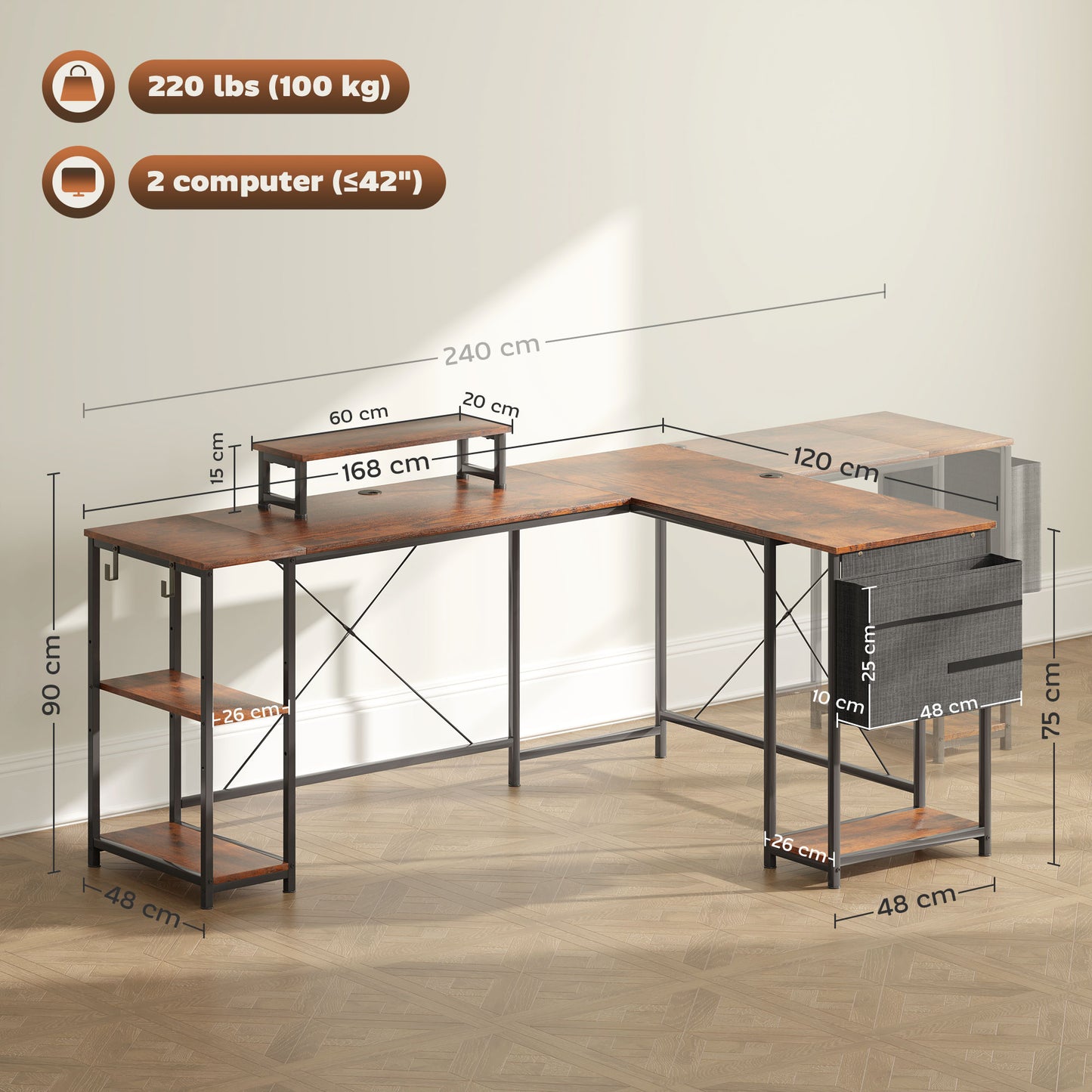HOMCOM L-förmiger Schreibtisch, Vielseitiger Bürotisch mit einstellbaren Regalen und Aufbewahrungstasche, Monitorständer, Braun