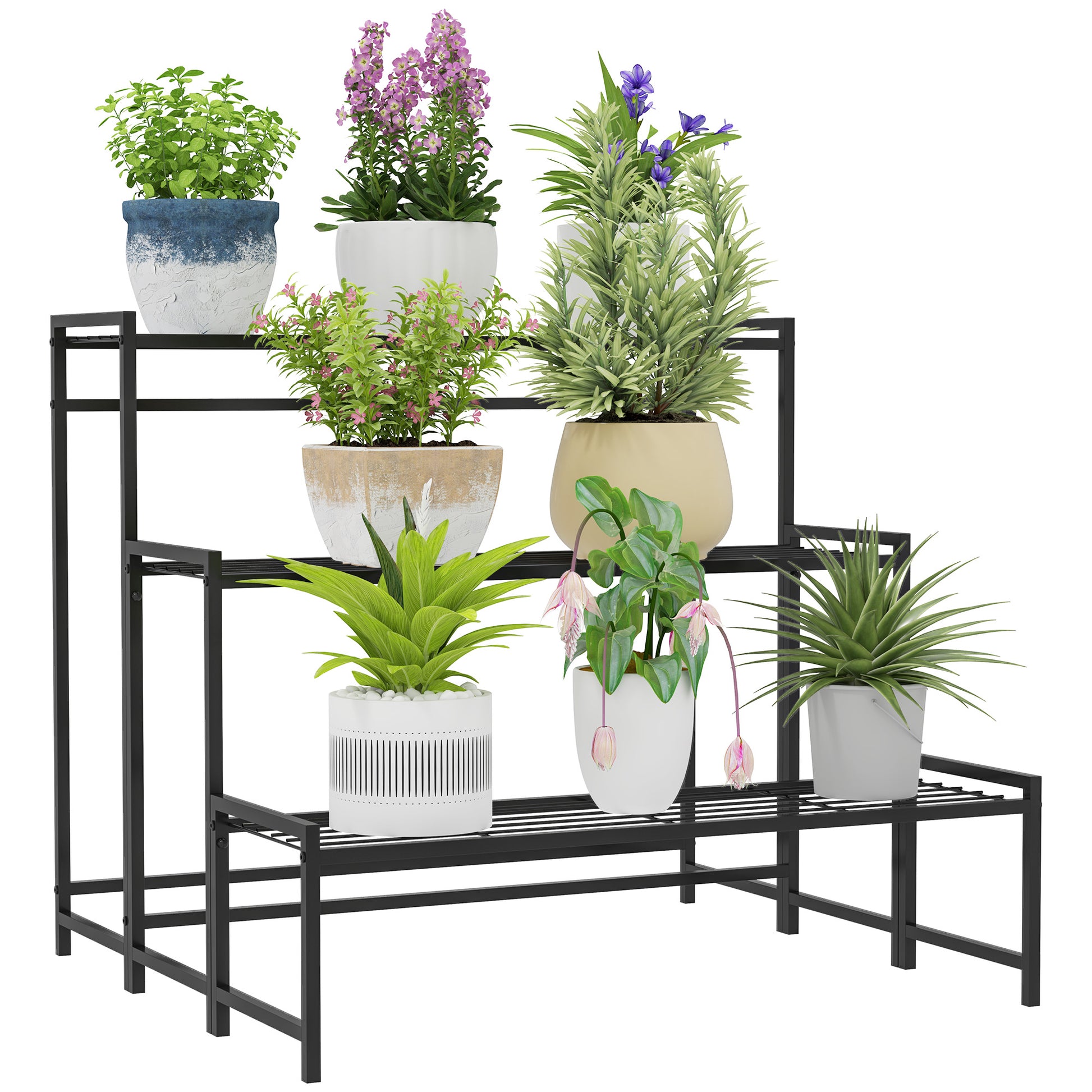 Outsunny Blumentopfständer, 3-stufiger Pflanzenständer in Treppenform, Blumentopfgestell für drinnen und draußen, Metall, Schwarz