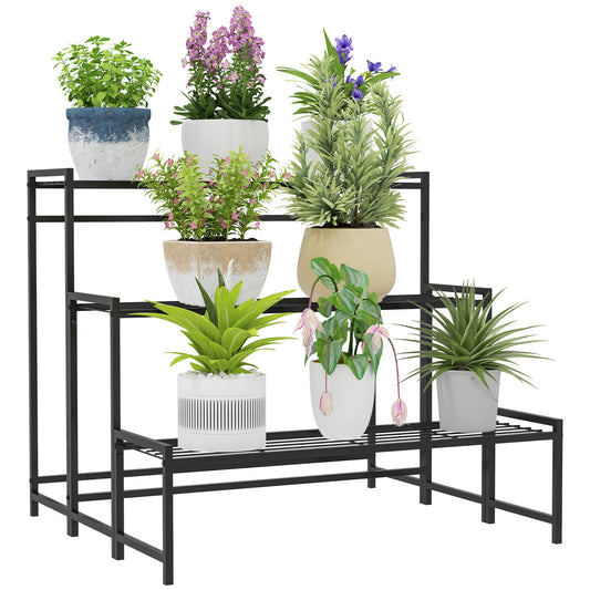 Outsunny Blumentopfständer, 3-stufiger Pflanzenständer in Treppenform, Blumentopfgestell für drinnen und draußen, Metall, Schwarz