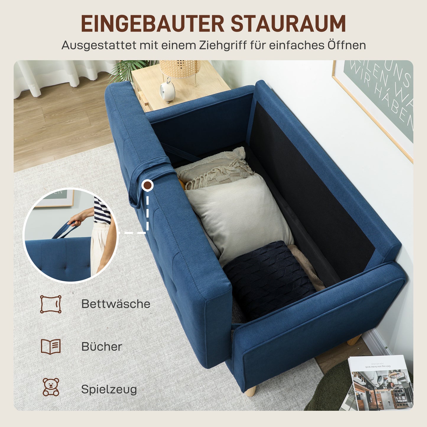 HOMCOM Zweisitzer-Sofa mit Stauraum, Knopfheftung, Kissen, Kautschukbaumholz, 117x62x78cm, Blau