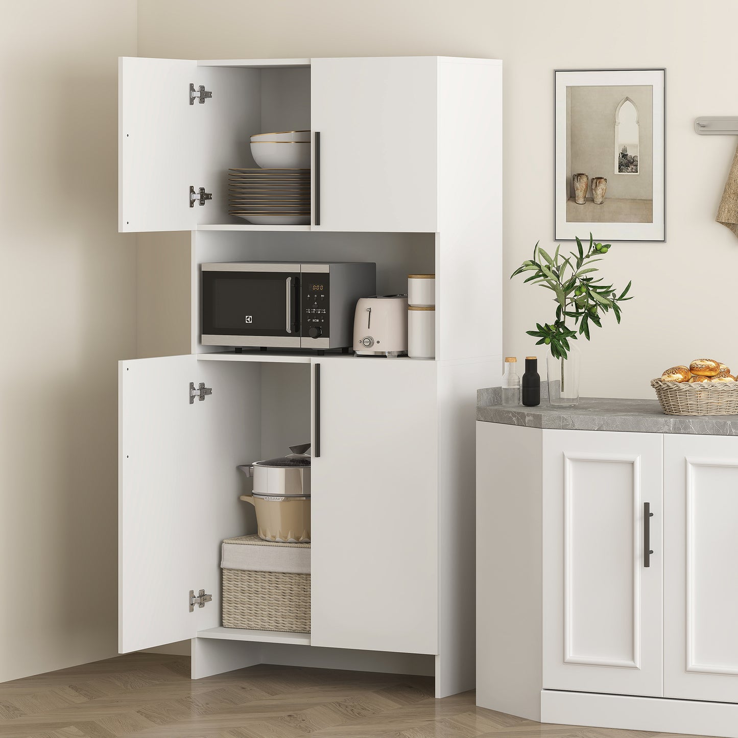 HOMCOM Küchenschrank, Vorratsschrank für Küche, Wohnzimmer, Esszimmer, Schränke, Regale, Mikrowellenablage, Spanplatte, Weiß