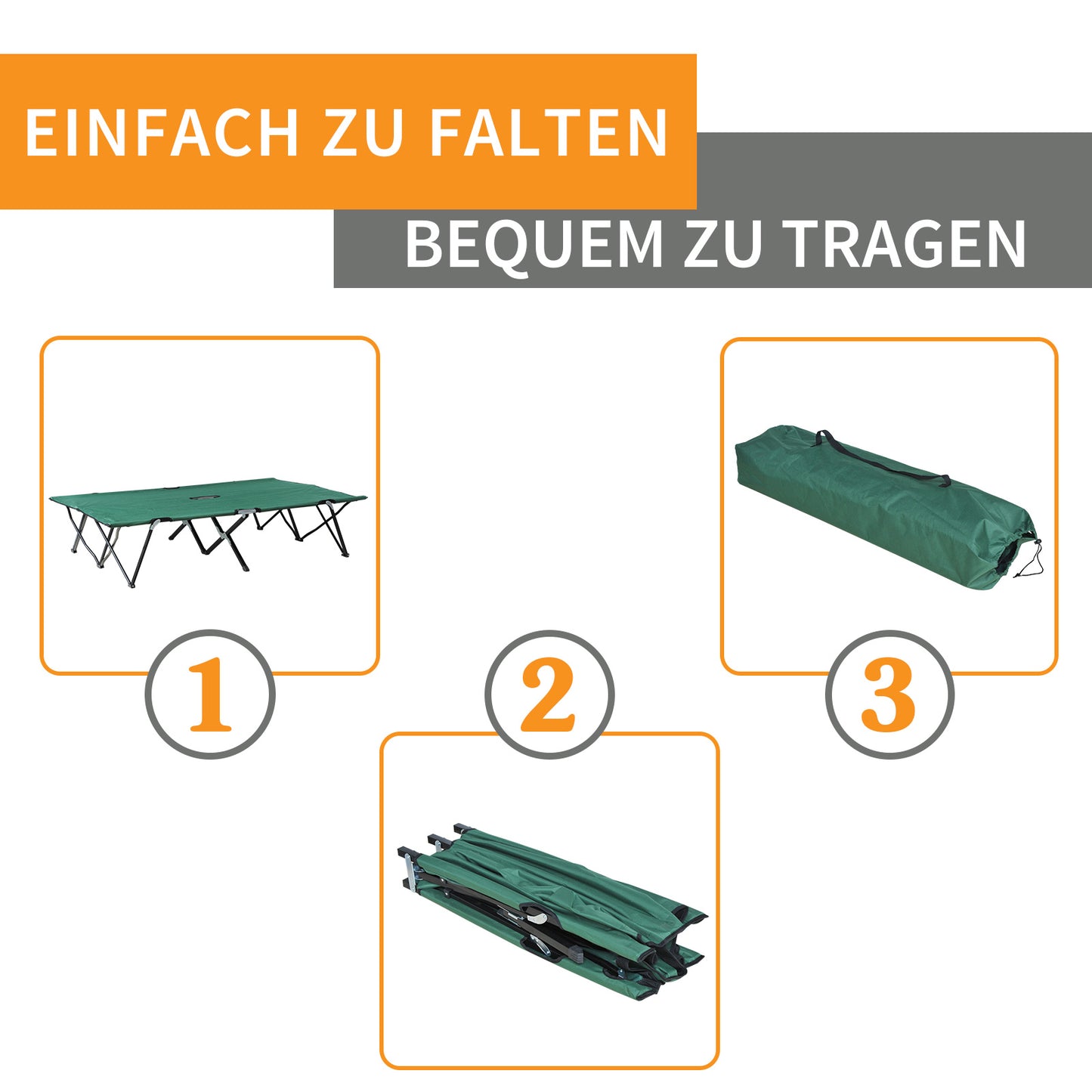 Outsunny Campingbett Klappbar für 2 Personen Feldbett Klappbett mit Tragetasche bis 136 kg belastbar Stahl Oxford Grün+Schwarz 193 x 125 x 40 cm
