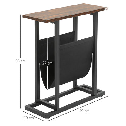 HOMCOM Beistelltisch, Nachttisch, schmales Design, mit Stofftasche, Stahl, dunkelbraun+schwarz, 49 x 19 x 55cm