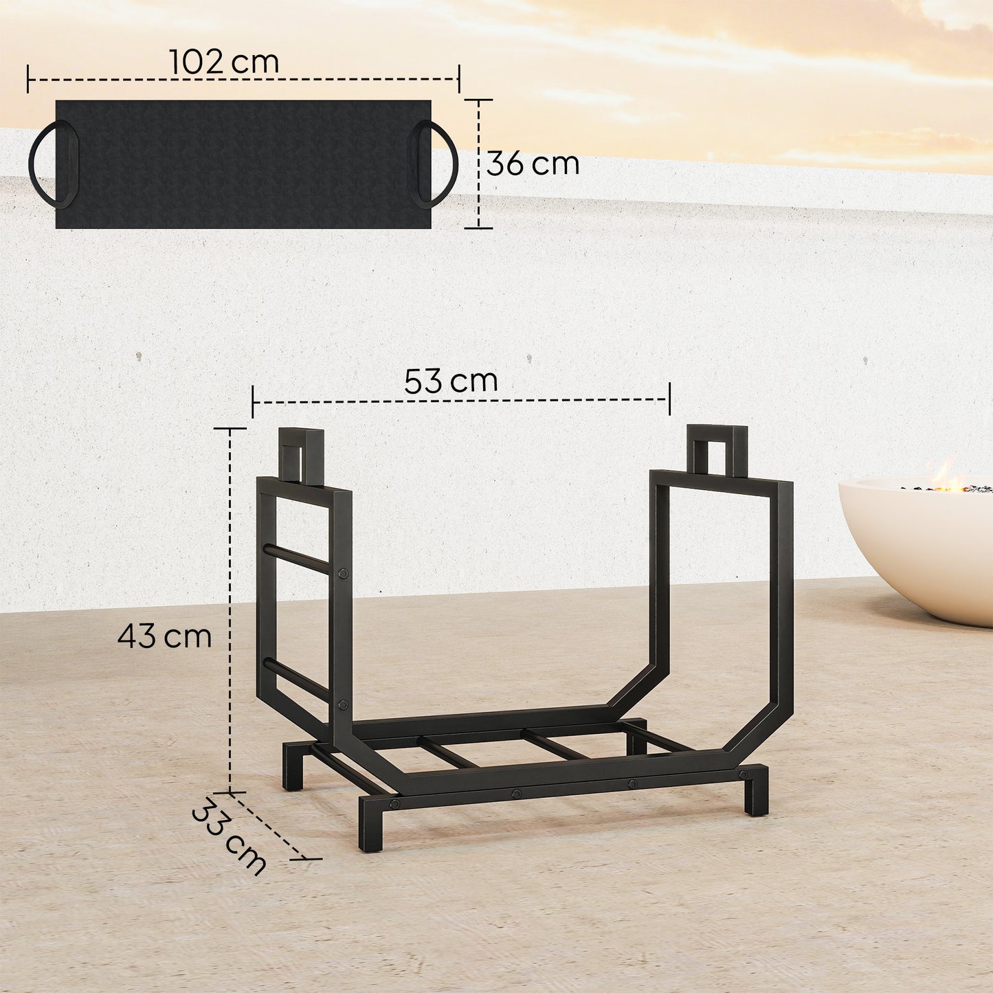 Outsunny Kaminholzregal für innen 53 x 33 x 43 cm Brennholzregal mit Tragetasche Metall Schwarz