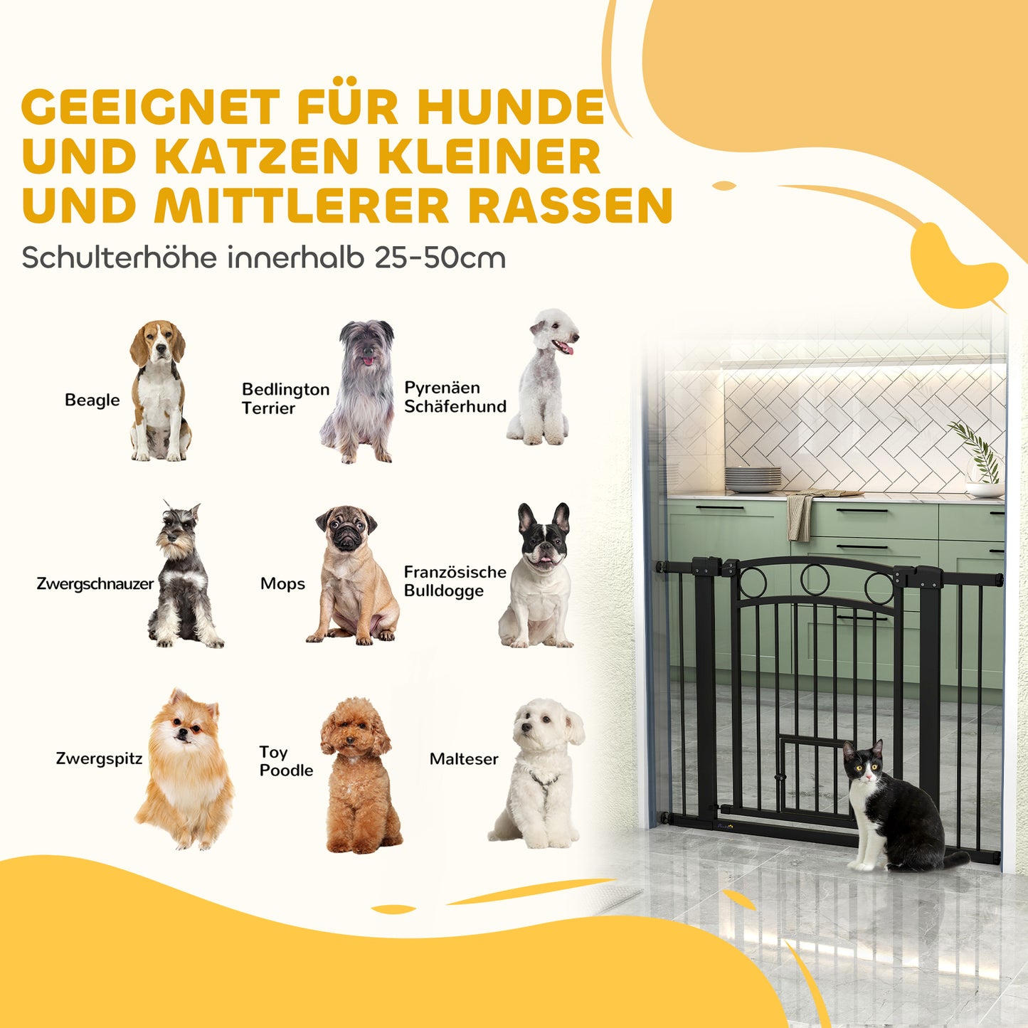 PawHut Haustiertor, 77 cm Treppengatter, verstellbare Breite 76-104 cm, mit Katzentür, für Treppen und Türöffnungen, Schwarz