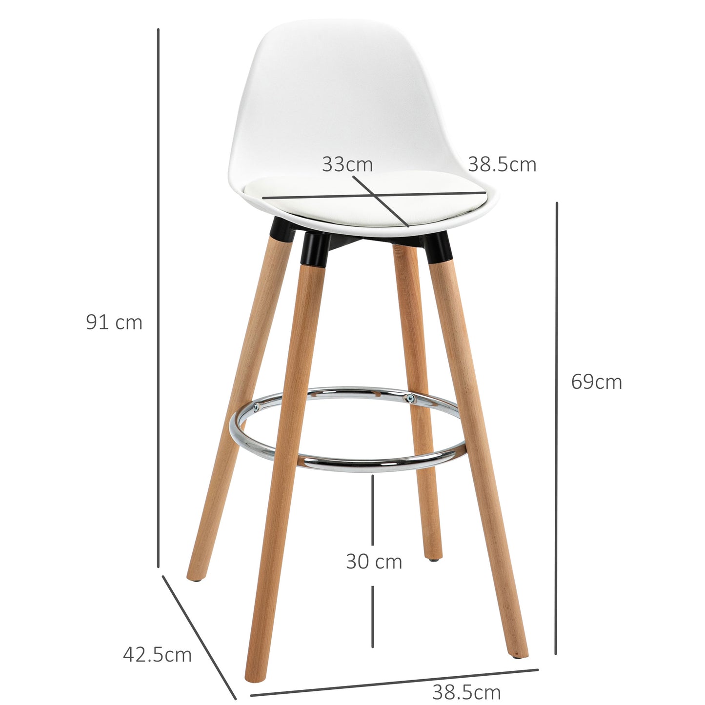 HOMCOM 2er-Set Barhocker Barstühle Skandi-Design، Fußtstütze، 38,5 سم × 42,5 سم × 91 سم، Natur + Weiß
