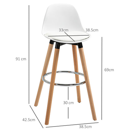 HOMCOM 2er-Set Barhocker Barstühle Skandi-Design، Fußtstütze، 38,5 سم × 42,5 سم × 91 سم، Natur + Weiß