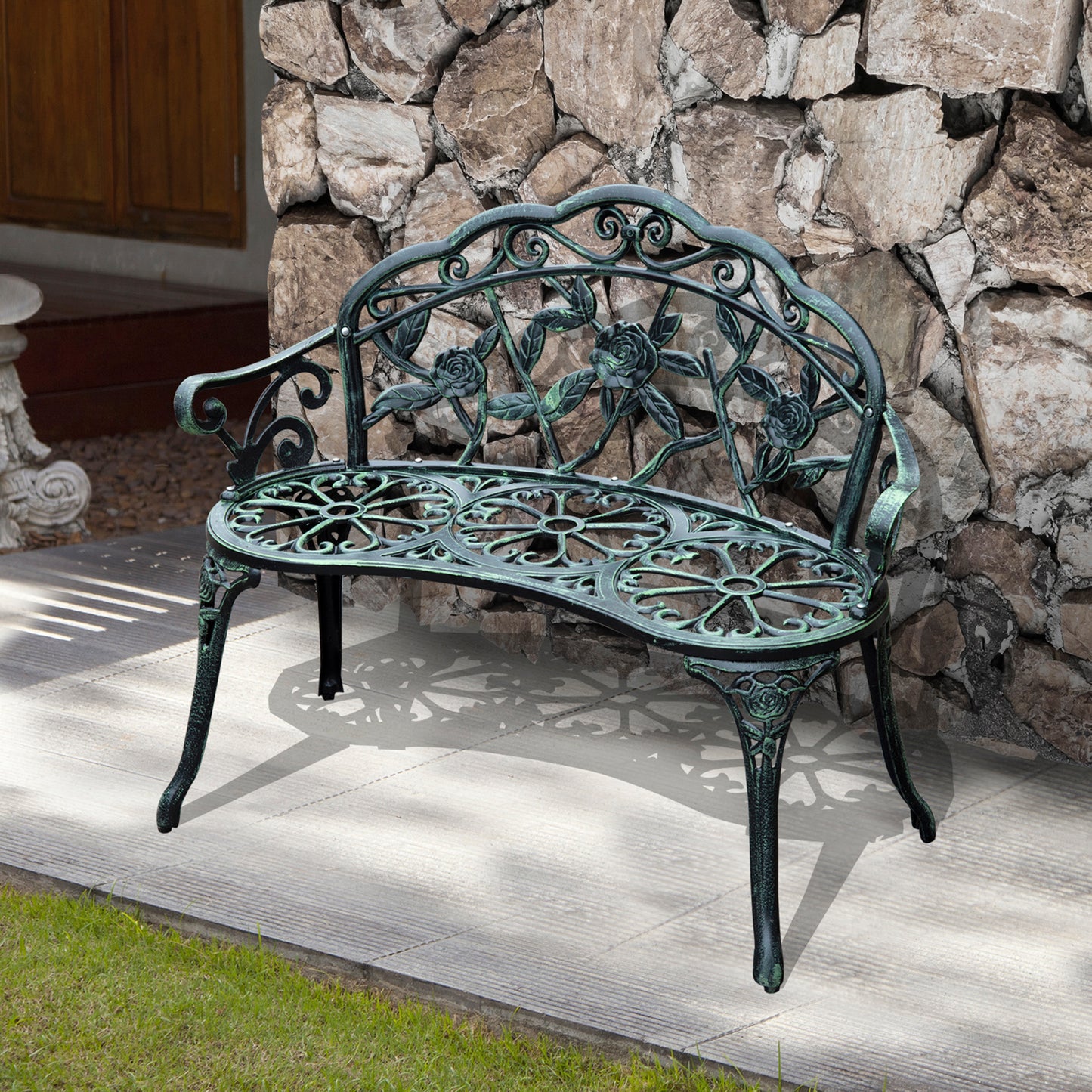 Outsunny 2-Sitzer Gartenbank robust Parkbank Sitzbank mit Rückenlehne Bank 240kg belastbar Gartenmöbel 100 x 54 x 78 cm Antik Grün