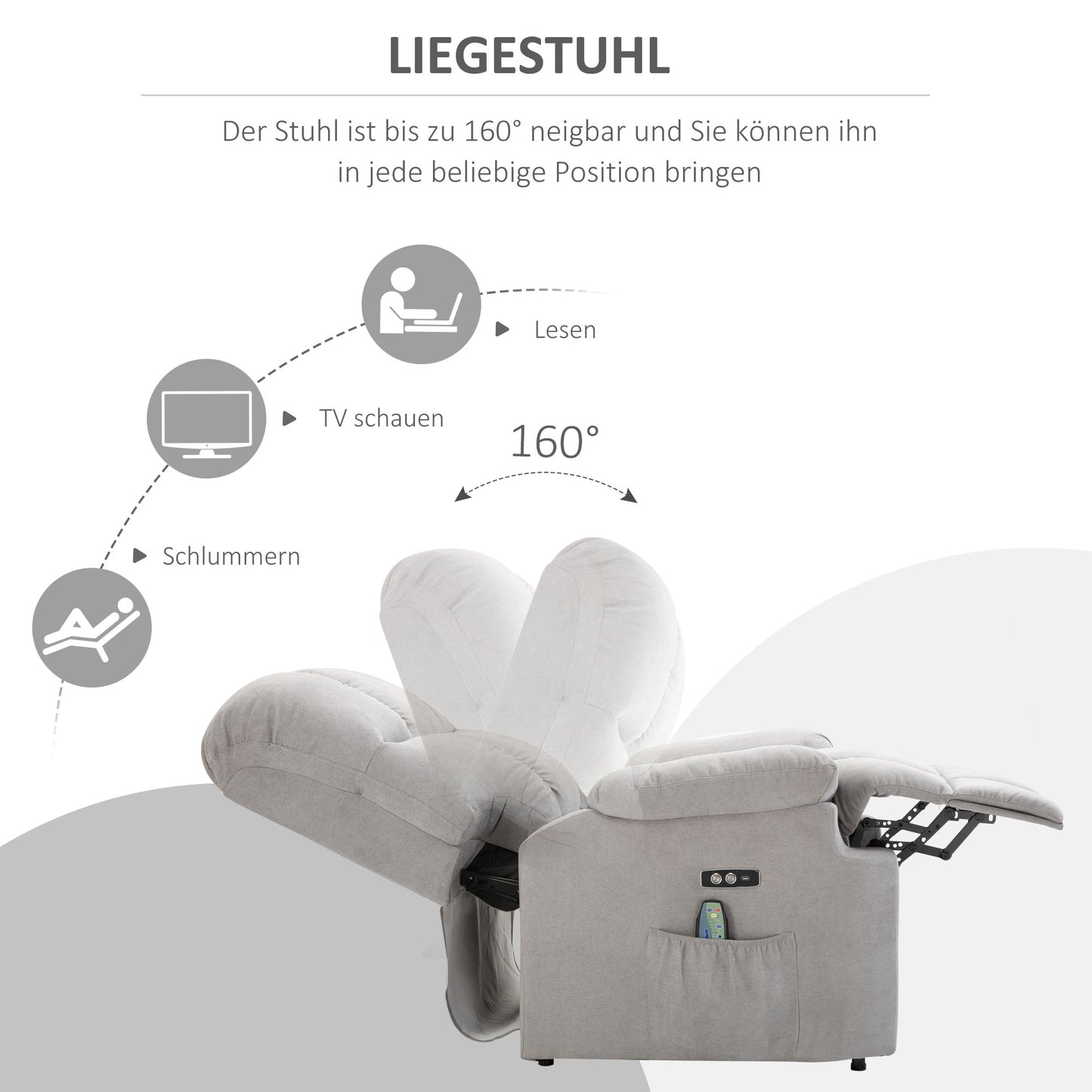 HOMCOM Sessel mit Aufstehhilfe, Massagesessel, Relaxsessel mit USB-Anschluss, Fernsehsessel mit Fernbedienung, Seitentasche, Neigebarer TV-Sessel mit Samtoptik, Grau