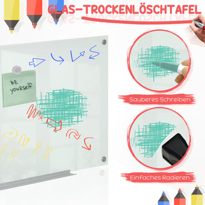 Vinsetto Glas Whiteboard, Memoboard, Whiteboard, 4 Stifte, 6 Magnete, 1 Schwamm,1 Ablage, Weiß