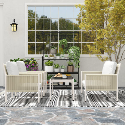 Outsunny Gartenmöbel Set aus Polyrattan Lounge-Set mit 2er Sofa Sessel Glastisch Kissen 4 Personen Braun+Grau