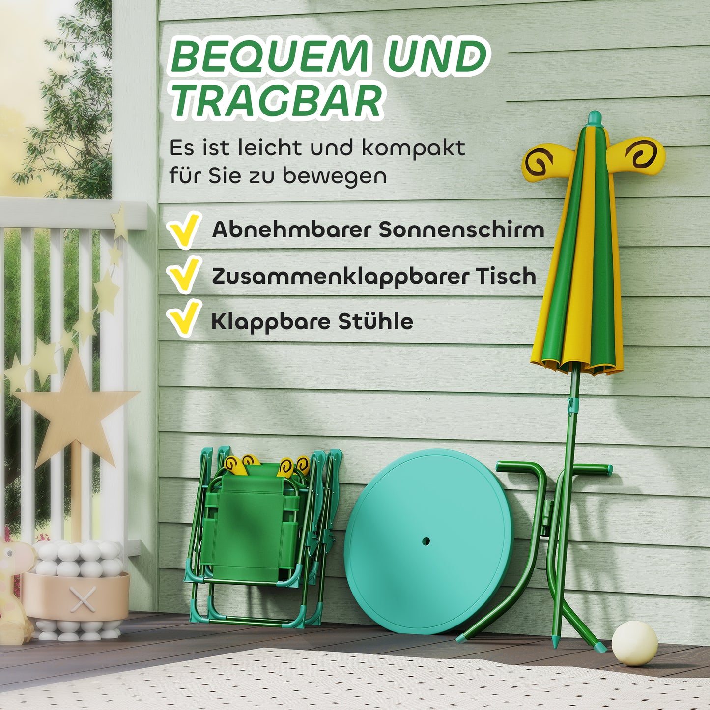 AIYAPLAY Gartenmöbel-Set für Kinder، Stühle، Tisch، Sonnenschirm، Bienen-Design، Grün+Gelb