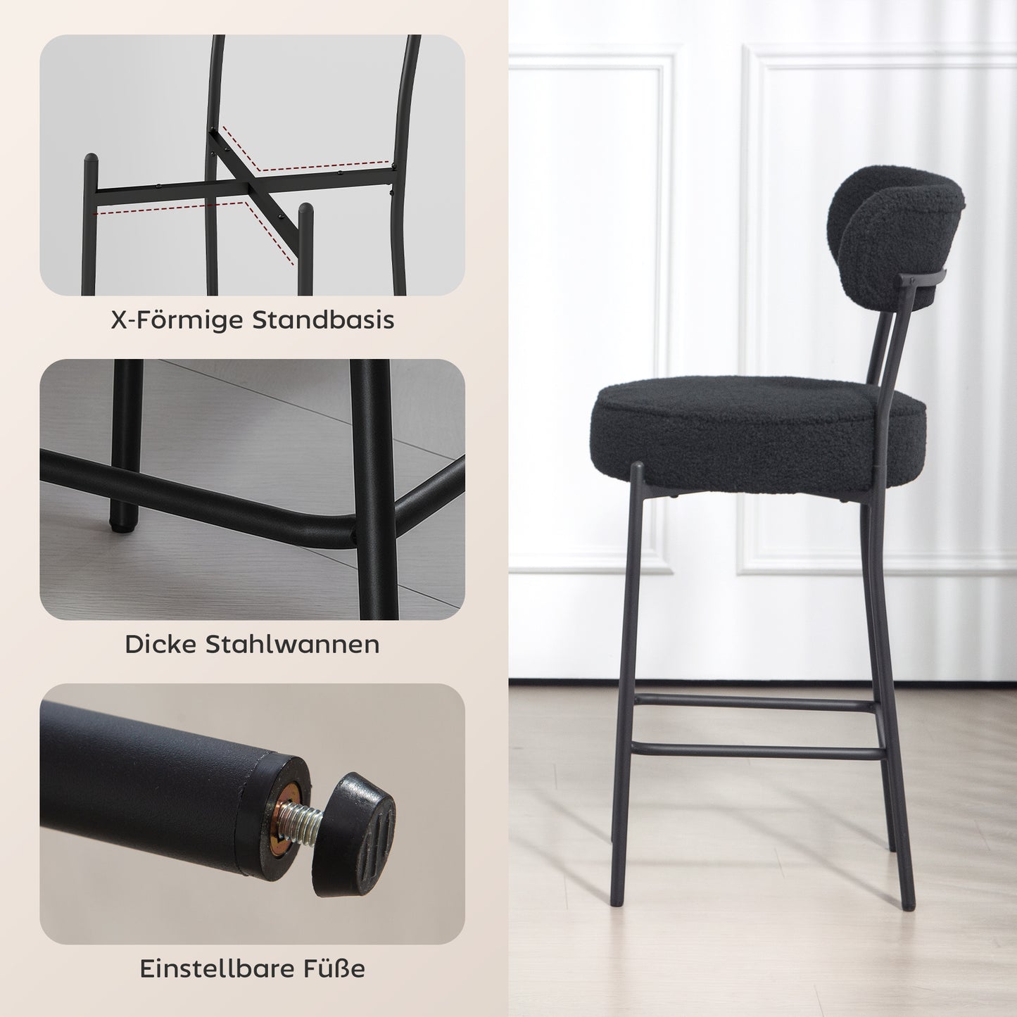 HOMCOM 2er-Set Barstühle mit Polstersitz und Fußstütze، Fleece-Bezug، Metallrahmen، Schwarz