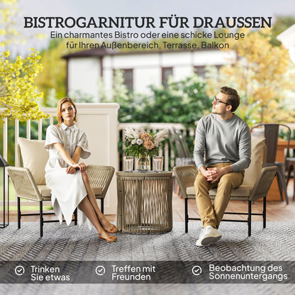 Outsunny Polyrattan Gartenmöbel Set, Outdoor Balkonmöbel für 2 Personen, 3-teilig mit 2 Stühle, Beistelltisch Sitzkissen