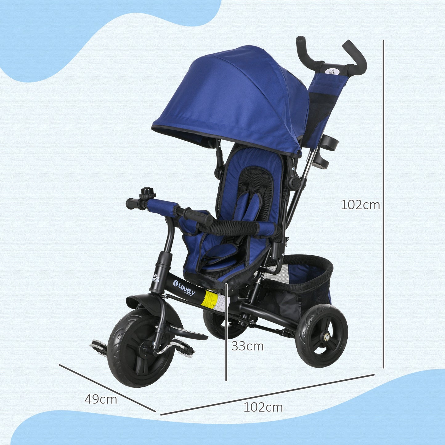 HOMCOM Kinder-Dreirad, Kinderfahrrad, Rückenkorb, Becherhalter, Sonnendach, Metall, Dunkelblau