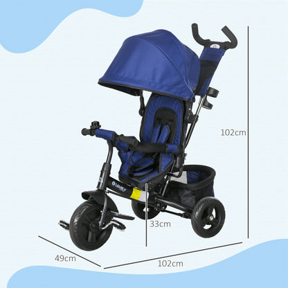 HOMCOM Kinder-Dreirad, Kinderfahrrad, Rückenkorb, Becherhalter, Sonnendach, Metall, Dunkelblau
