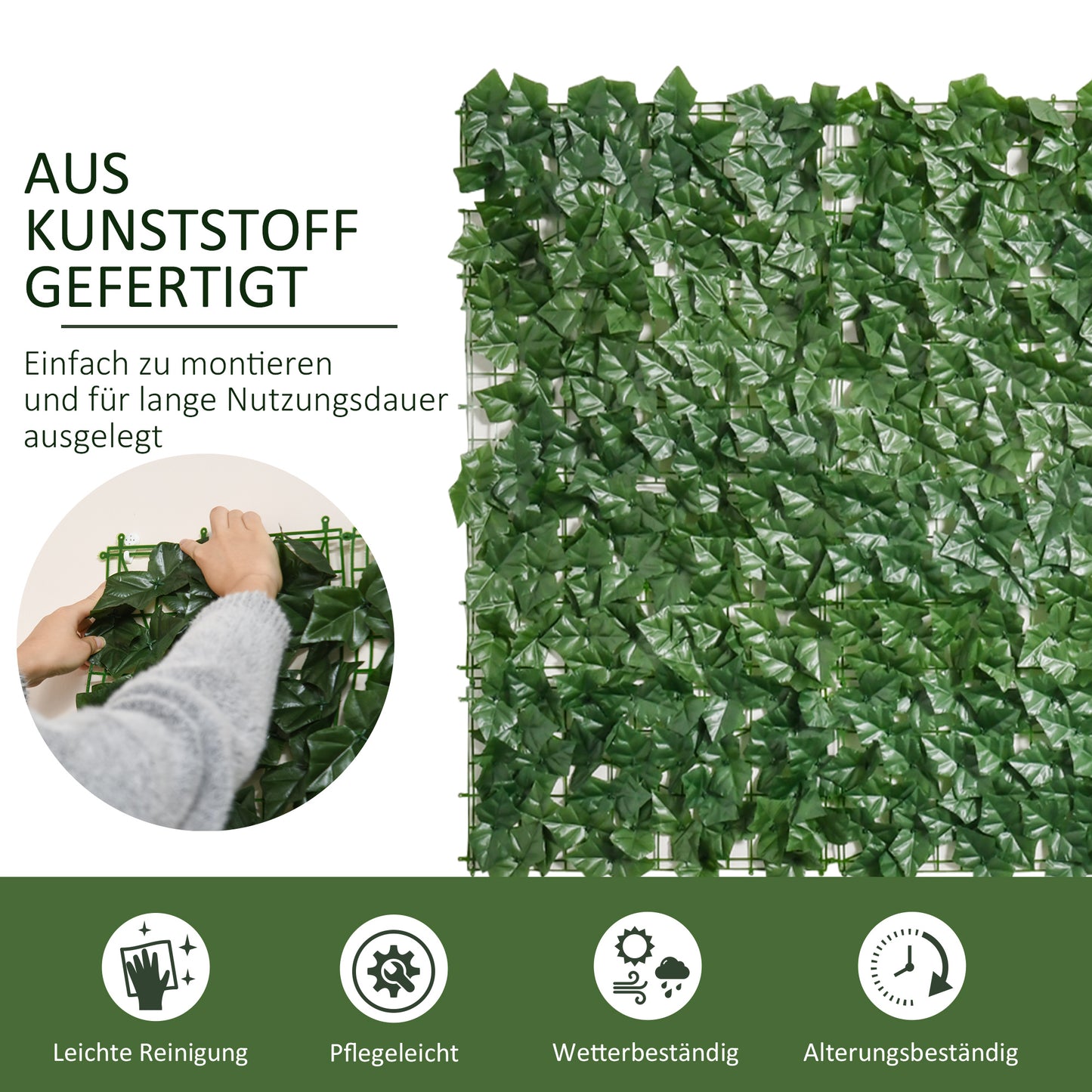 Outsunny Künstlicher Hecken Sichtschutz, UV Geschützt Sichtschutz, Grün Balkon Sichtschutz, Zaun Sichtschutzgitter mit Blättern, Hecken Zaun, WandKünstliche 300 x 100 cm für Garten Hochzeit