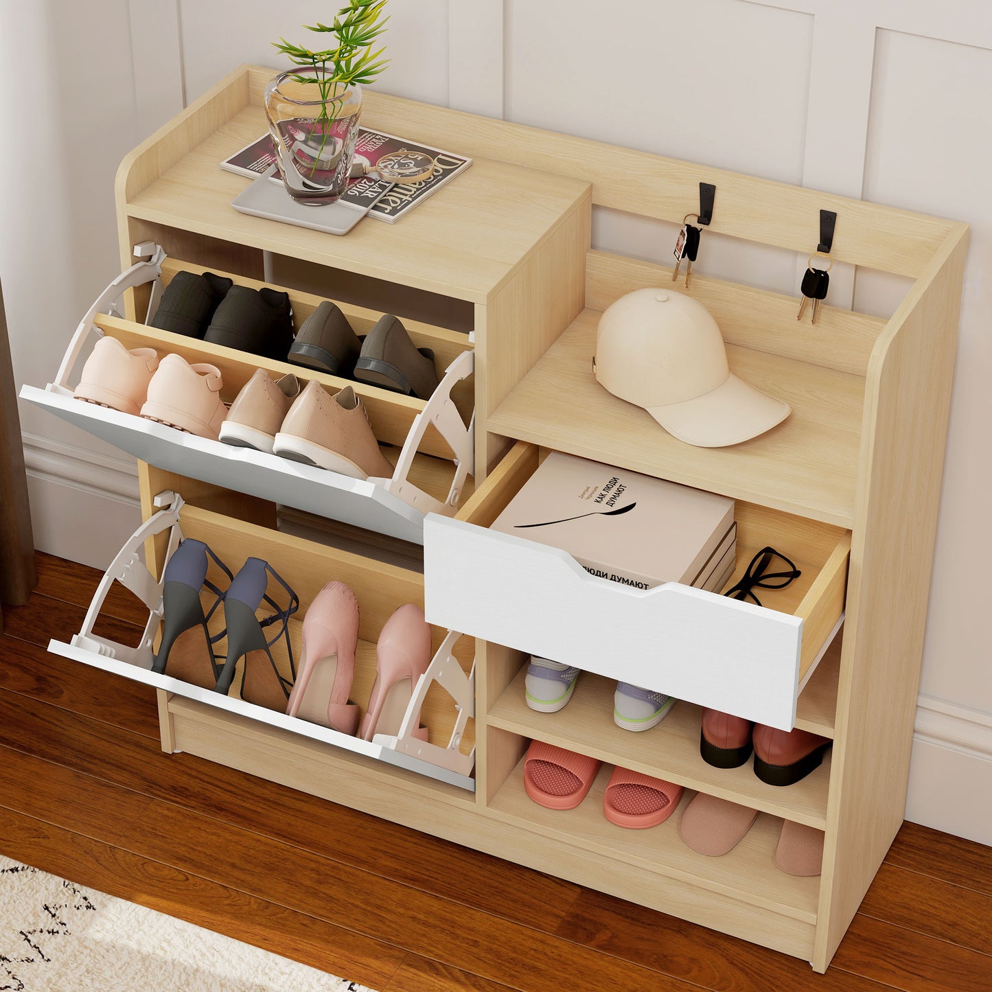 HOMCOM Schuhregal für Flur, Schuhschrank mit Kippschubladen, offenen Regalen, 4 Haken, für bis zu 14 Paar Schuhe, Natur