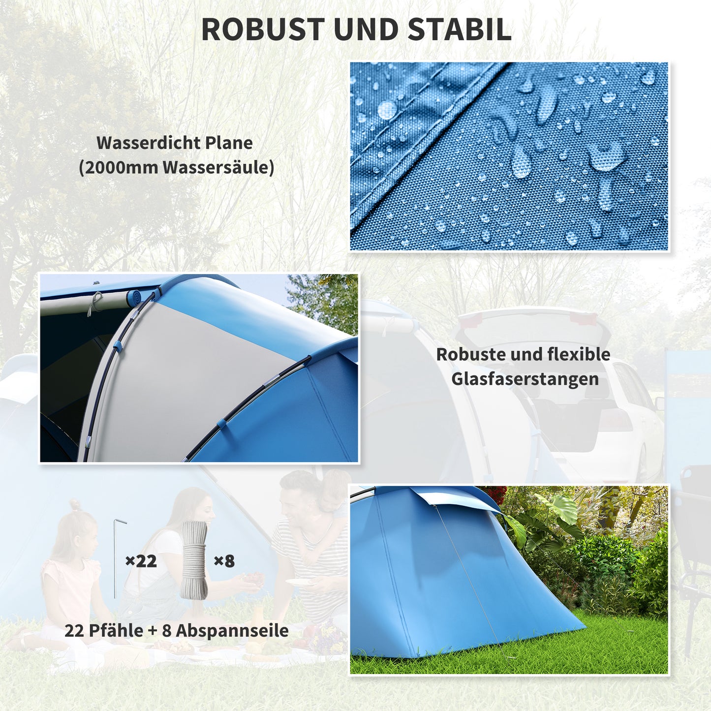 Outsunny Campingzelt für 4-6 Personen leicht, stabil wasserdicht Familienzelt mit Eingang Bodenplane, Zelt mit 2000mm Wassersäule Tunnelzelt Kuppelzelt für Camping Reise Trekking Garten, Blau