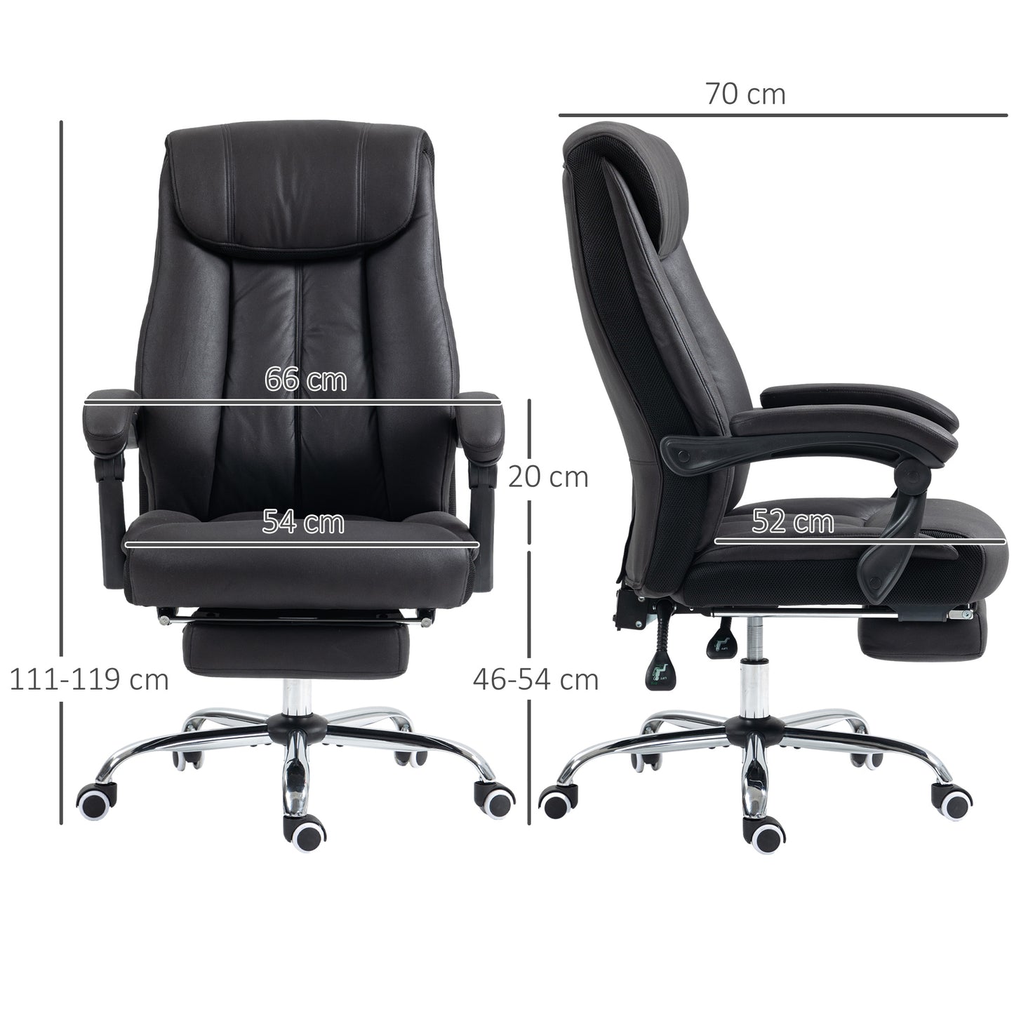 HOMCOM Bürostuhl Schreibtischstuhl Chefsessel, mit Fußstütze, höhenverstellbar, 145° Neigungswinkel, 66 x 70 x 119 cm, Schwarz