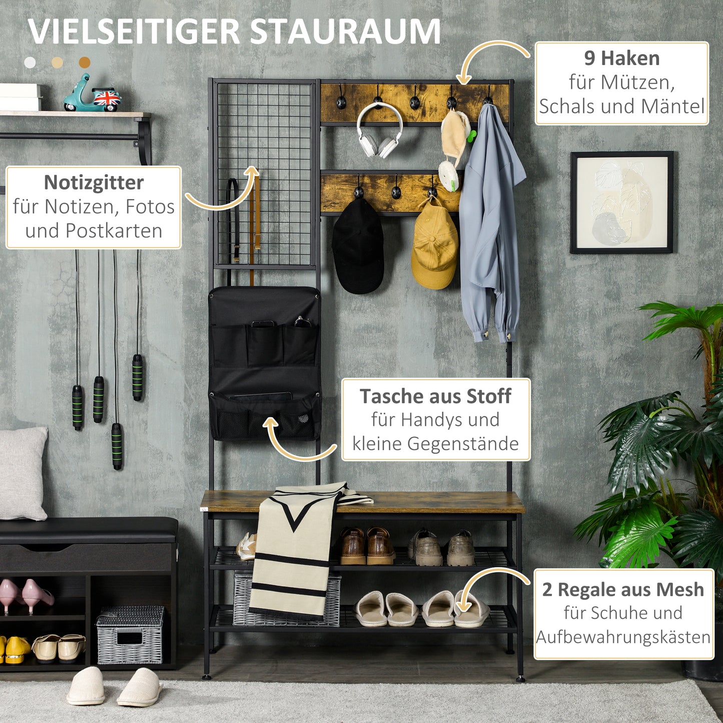 HOMCOM Garderobe im Industriedesign, 1 Memoboard, 1 Schuhbank, 8 Kleiderhaken, 1 Aufbewahrungstasche, Schwarz + Braun