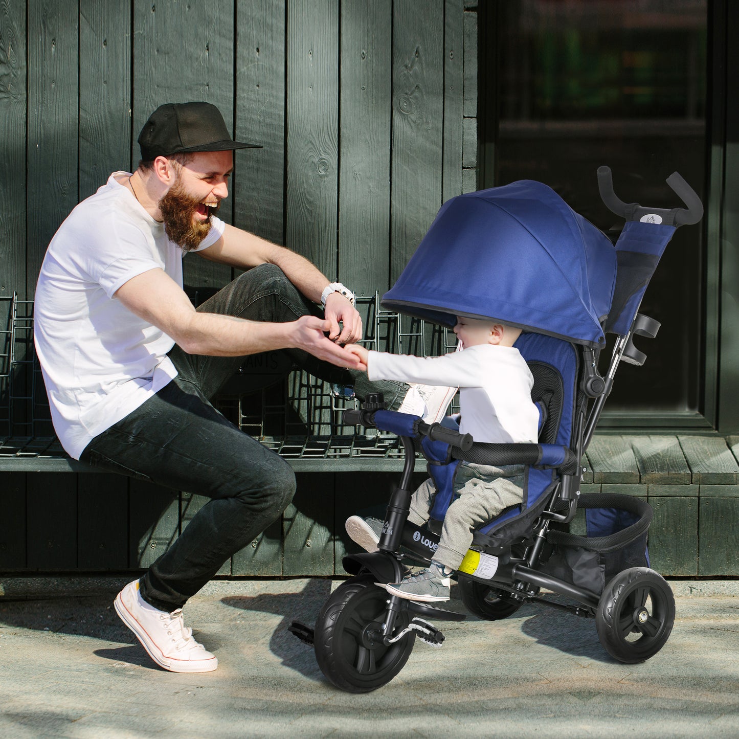 HOMCOM Kinder-Dreirad, Kinderfahrrad, Rückenkorb, Becherhalter, Sonnendach, Metall, Dunkelblau