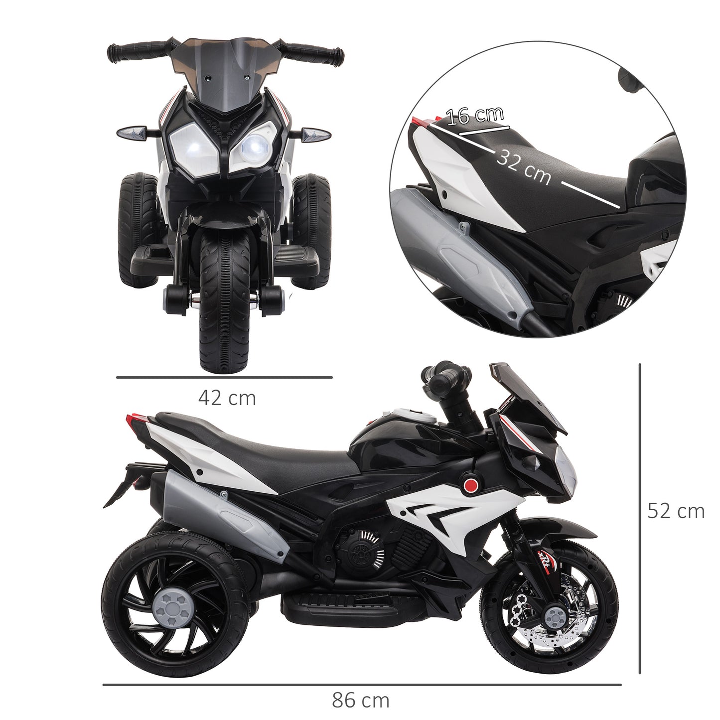 HOMCOM Elektro-Kindermotorrad, Lichter & Geräusche, 3 km/h, wiederaufladbar, Kunststoff & Metall, Schwarz/Weiß