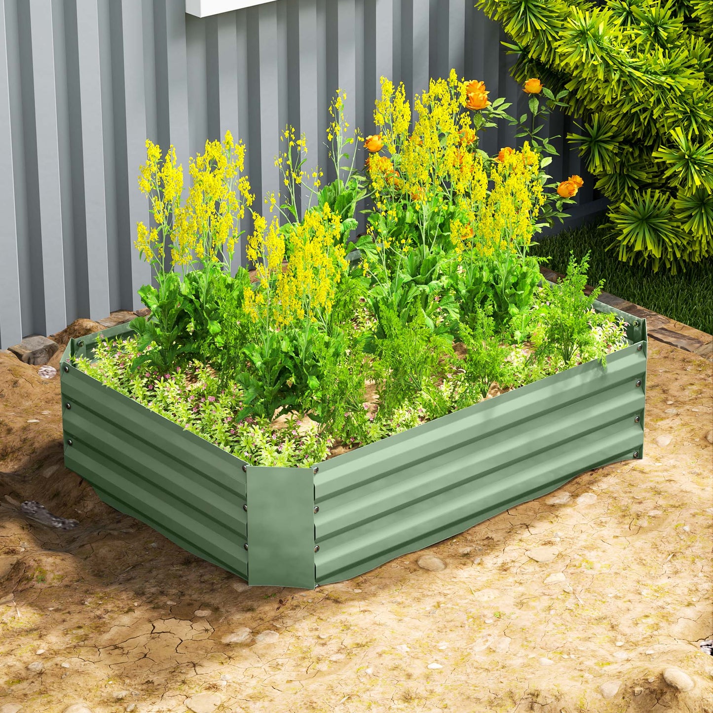 Outsunny Hochbeet aus verzinktem Stahl, Gartenbeet, Pflanzkasten für Garten, Blumenkasten, 120 x 90 x 30 cm, Dunkelgrün