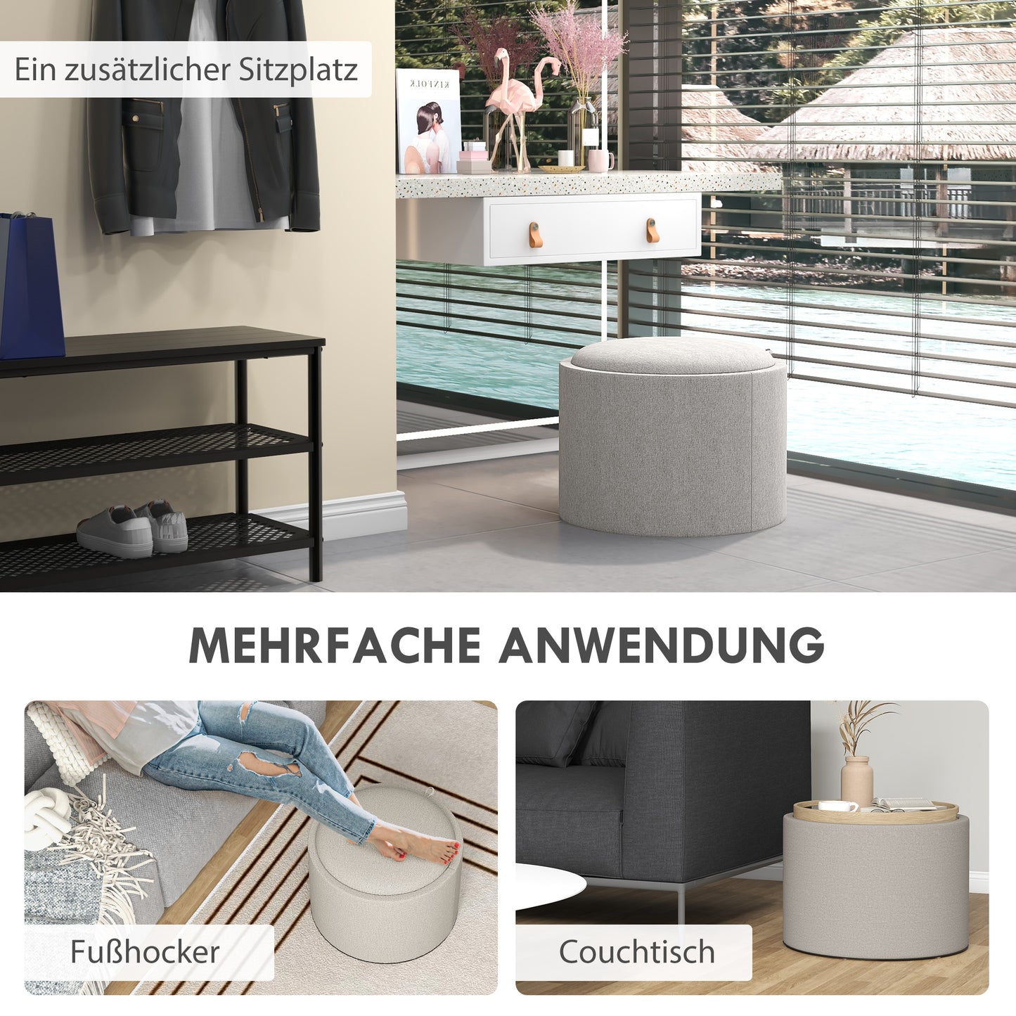 HOMCOM Hocker Polsterhocker, Leinen, versteckter Stauraum, umkehrbarer Deckel, 56cm x 56 cm x 42 cm, Hellgrau + Natur