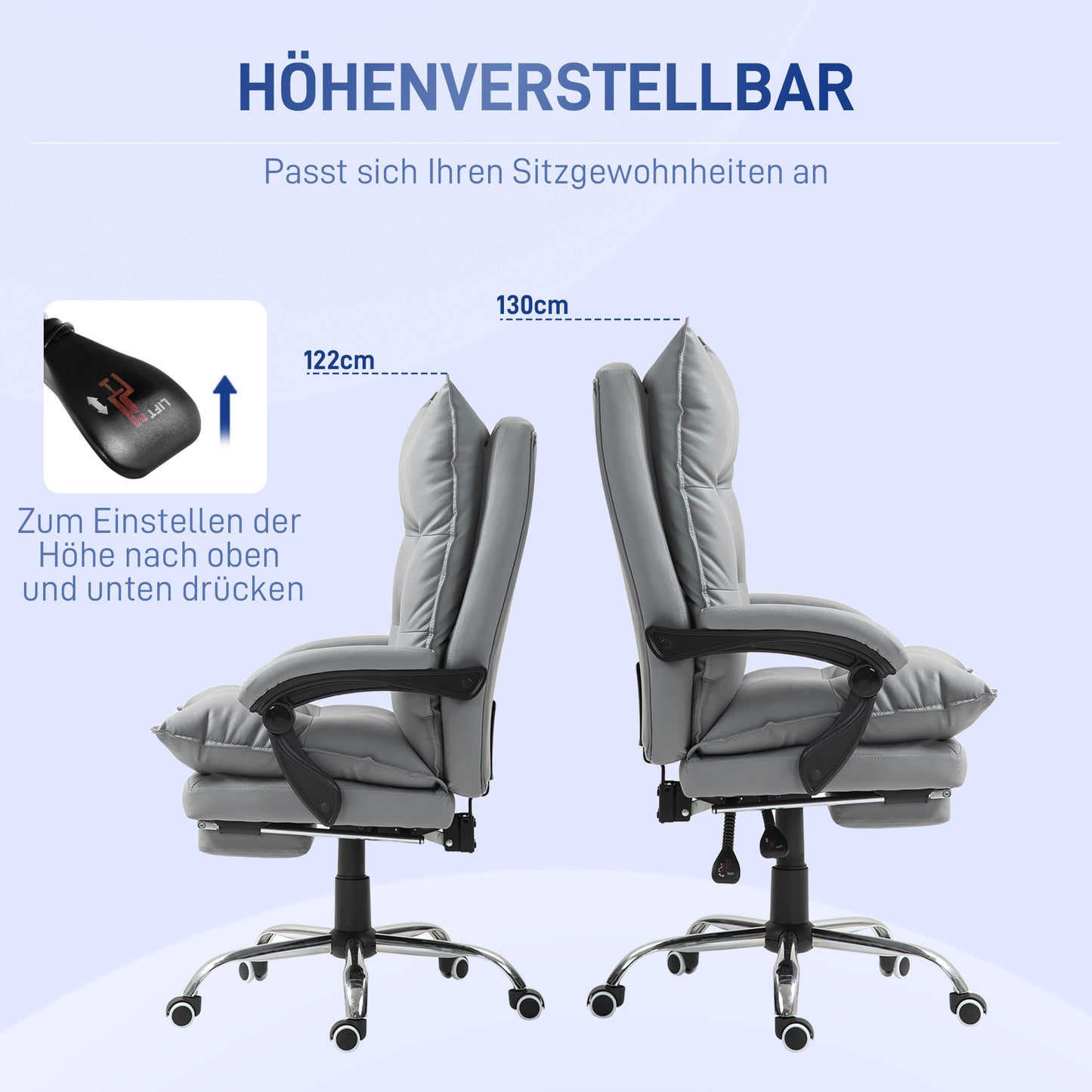 Vinsetto Ergonomischer Bürostuhl, verstellbare Sitzhöhe, neigbare Rückenlehne, Kunstleder, Hellgrau