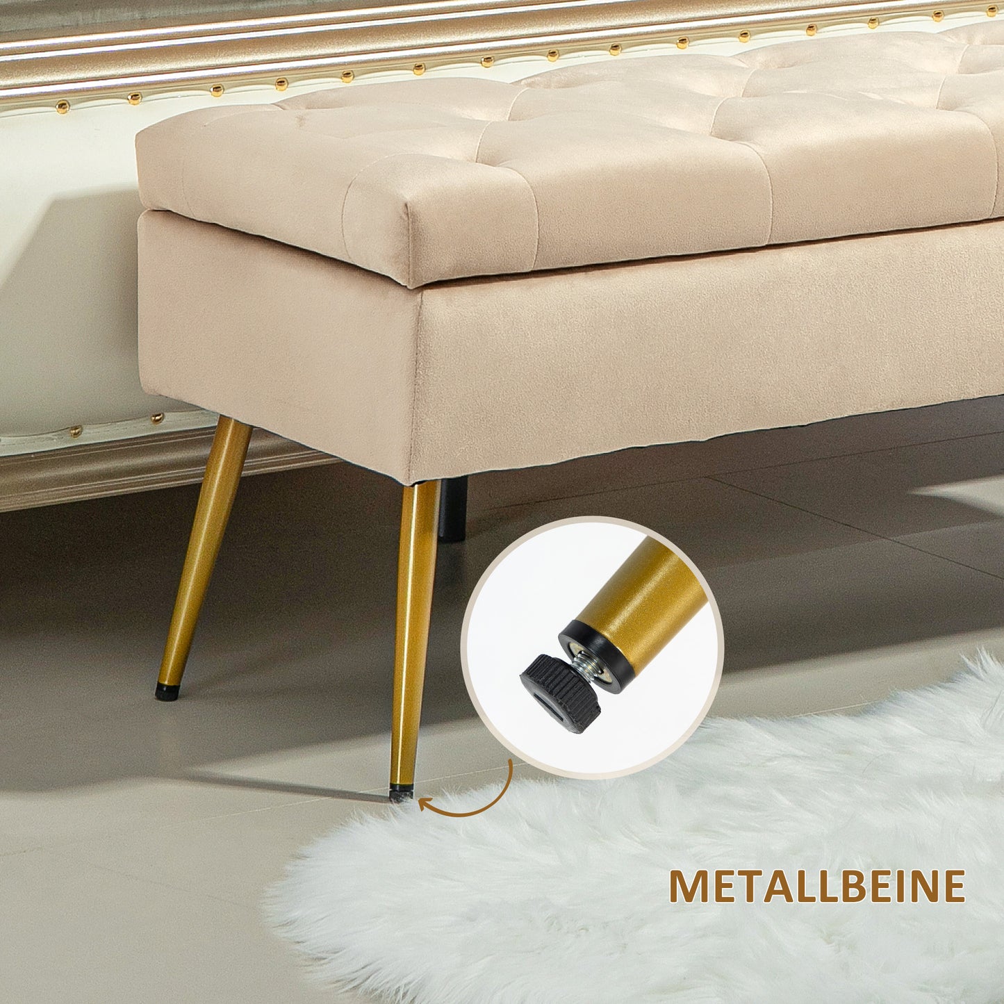HOMCOM Stauraum-Sitzbank in Samtoptik, gepolsterter Fußhocker mit getuftetem Design, Metallrahmen, 102 x 35 x 43 cm, Beige
