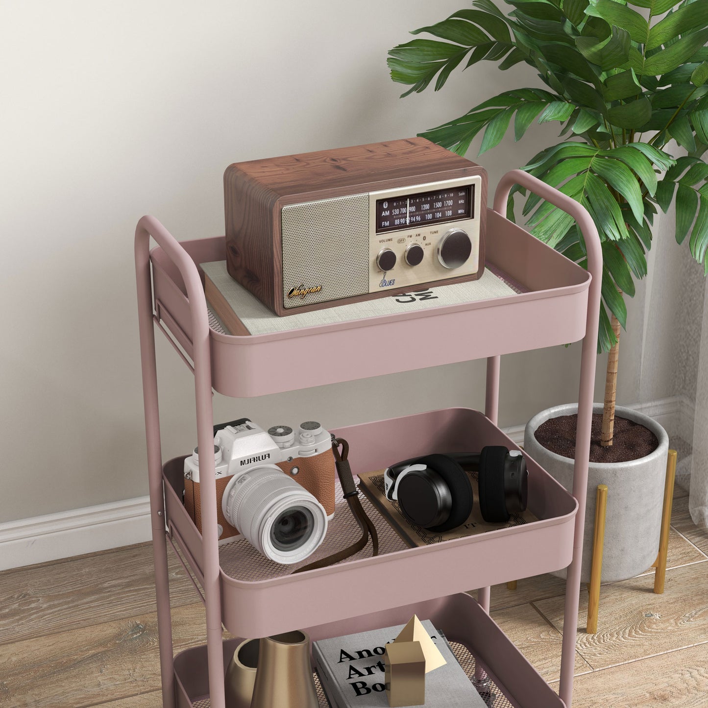 HOMCOM Mehrzweckwagen Rollwagen Küchenwagen, 3 Regale, 4 Rollen, 45 cm x 30,6 cm x 79 cm, Rosa