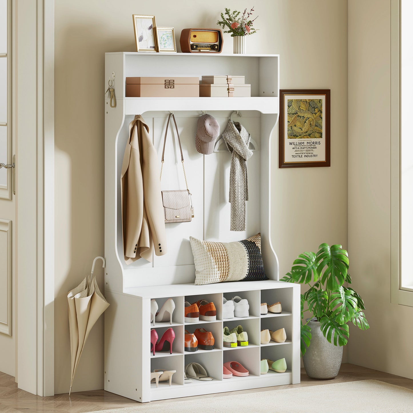 HOMCOM Garderobe mit Regal, Bank, Haken, Schuhfächern, Spanplatten, MDF, Weiß