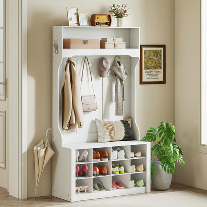 HOMCOM Garderobe mit Regal, Bank, Haken, Schuhfächern, Spanplatten, MDF, Weiß