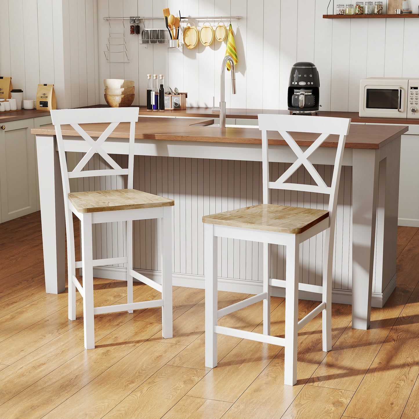 HOMCOM 2er-Set Barstühle mit Rückenlehne und Fußstütze, Kautschukholz, für Küche, Esszimmer, Bar, Eiche+Weiß