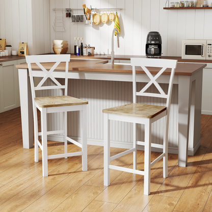 HOMCOM 2er-Set Barstühle mit Rückenlehne und Fußstütze, Kautschukholz, für Küche, Esszimmer, Bar, Eiche+Weiß