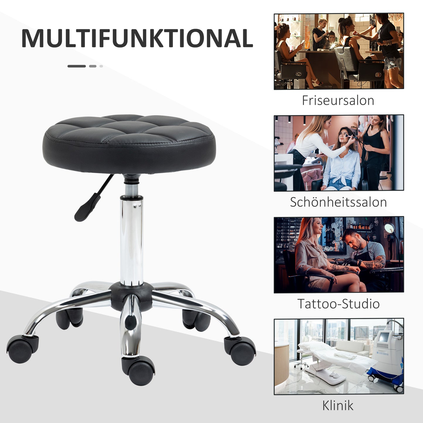 HOMCOM 2er-Set Rollhocker höhenverstellbar, Drehhocker 48-63 cm, Arbeitshocker 360° drehbar, Bürohocker für Büro, Salon, Massage, Spa, Schwarz