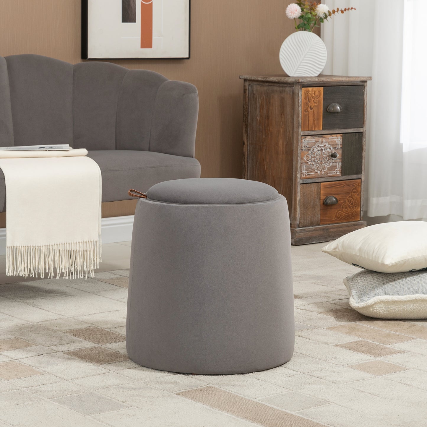 HOMCOM 2-in-1 Hocker in Samtoptik inklusive Stauraum und abnehmbaren Deckel Φ44 cm x 47,5 cm Grau