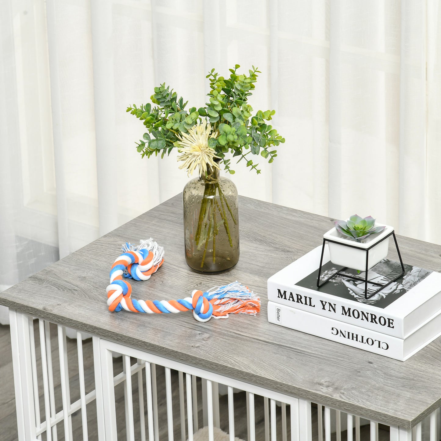 PawHut Hundekäfig aus Holz, Hundebox, Transportbox, mit Kissen, 86 cm x 60 cm x 70 cm Holzwerkstoff Stahl Weiß + Grau