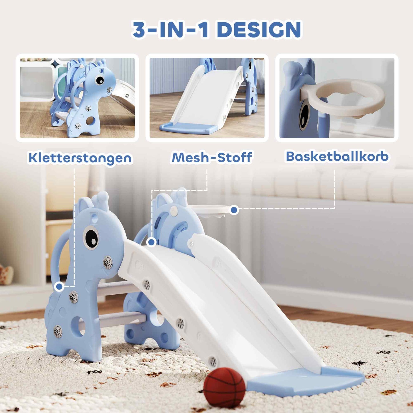 AIYAPLAY 3-in-1 Rutsche für Kinder, Giraffenform, Basketballkorb, Ball, Blau
