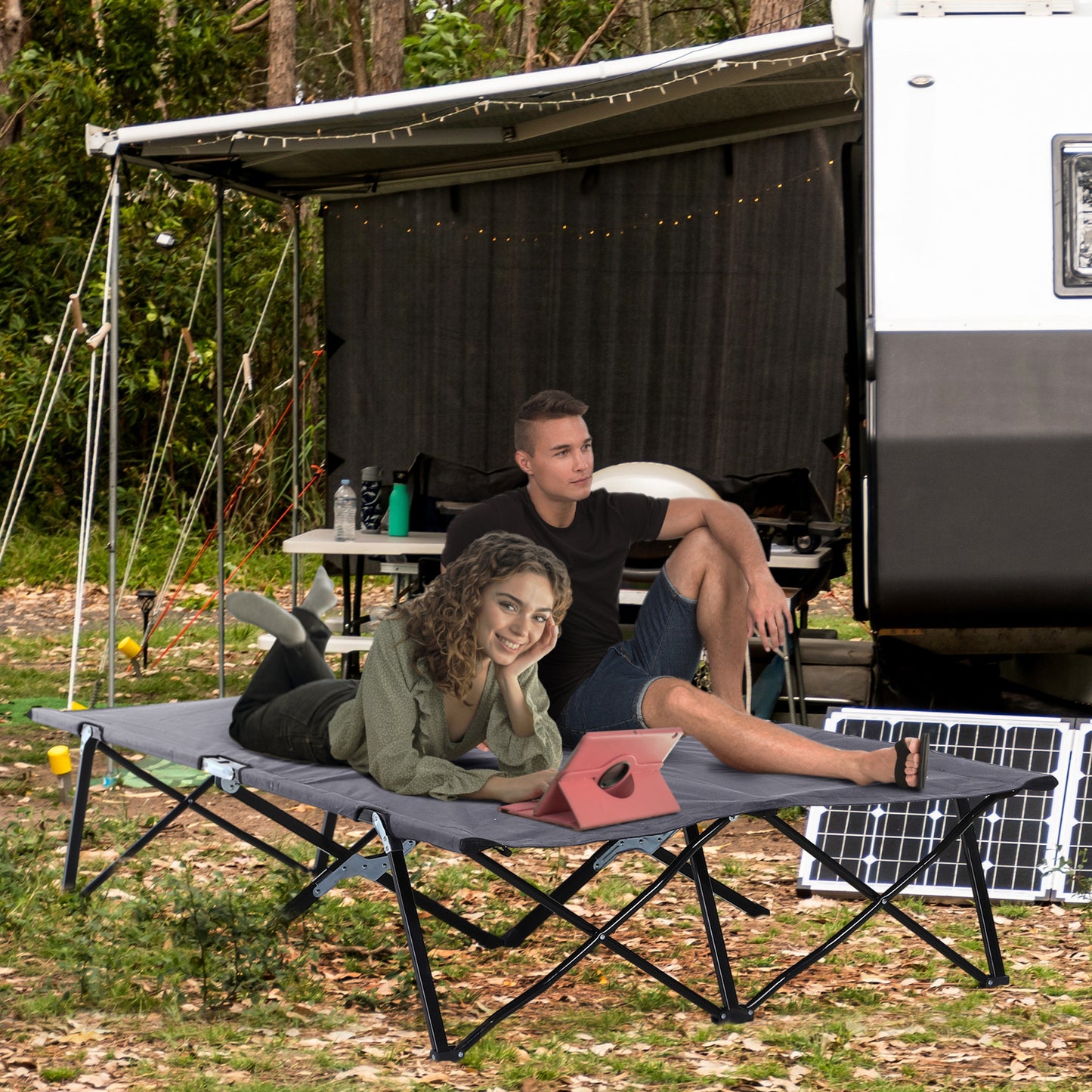 Outsunny Campingliege, Campingbett für bis zu 2 Personen, 193L x 125B x 40H cm, Grau