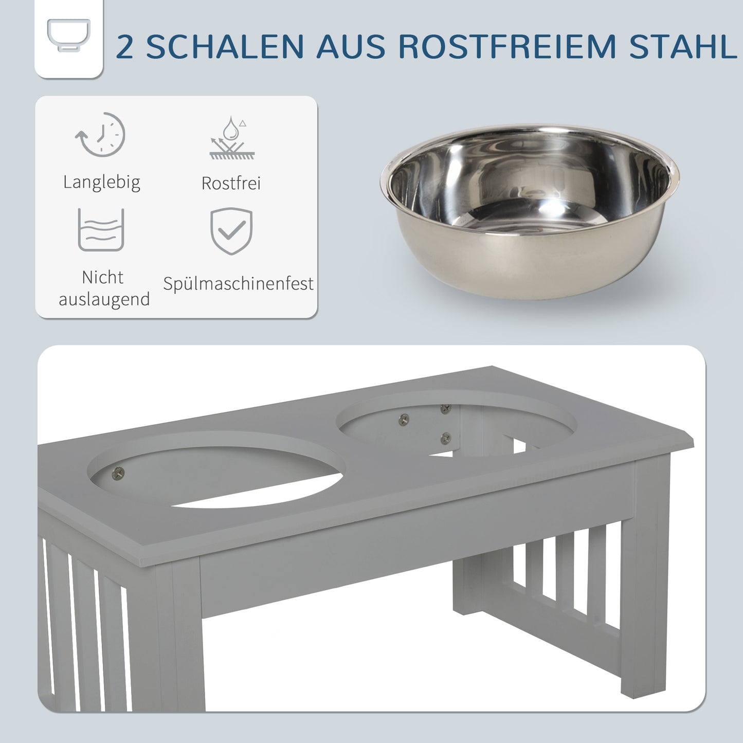 PawHut Hunde-Futterstation، rutschfest، 44x24x15 سم، Grau، 0,9L pro Napf