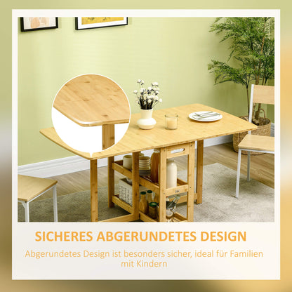 HOMCOM Klapptisch, Esstisch, zwei klappbare Seiten, zwei Ablagen, verstellbare Füße, Bambus, 149,5 x 80 x 73,5cm