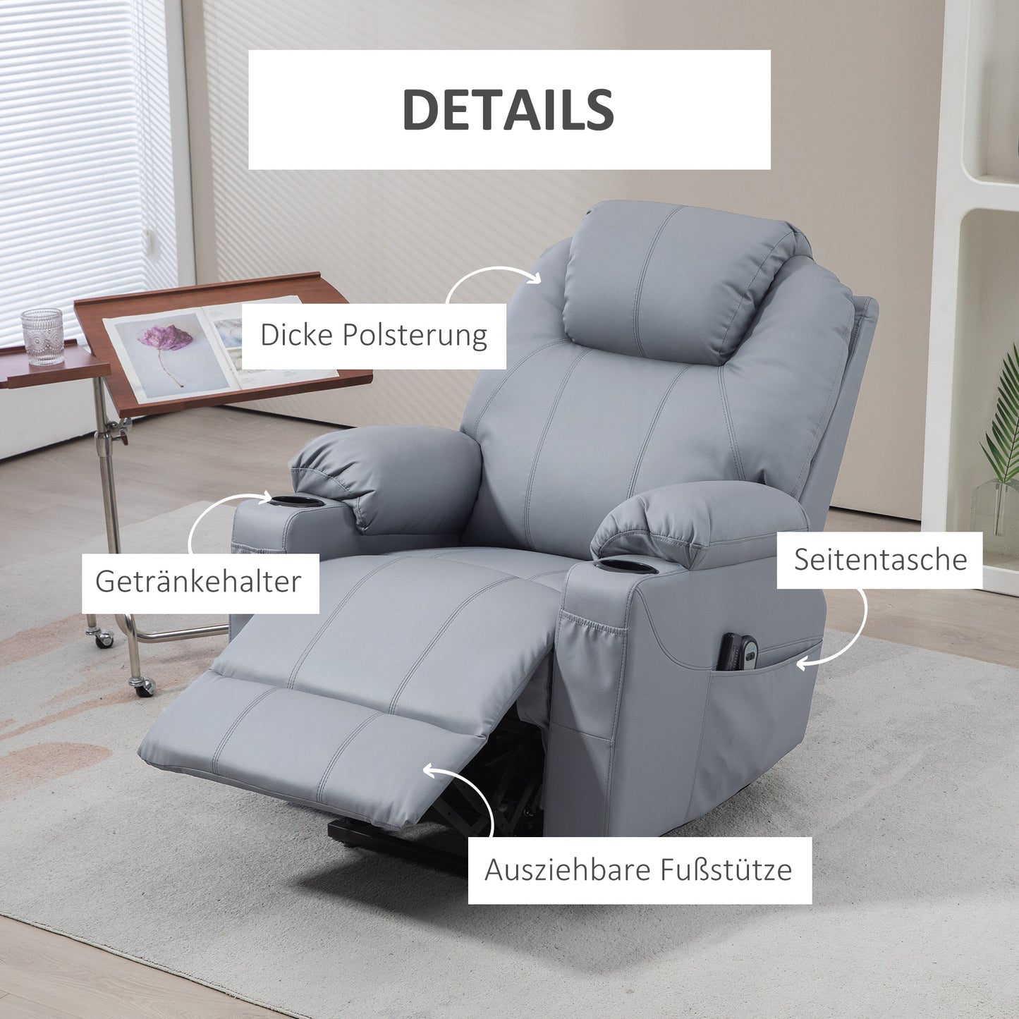 HOMCOM Massagesessel Aufstehhilfe Seniorensessel, 8 Massagemodi, neigbare Rückenlehne, 88c m x 99 cm x 106 cm,Grau