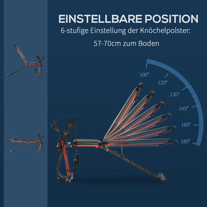 HOMCOM Hantelbank verstellbare Trainingsbank mit elastischer Seils Sit Up-Bank für Heimtraining 6 Stufen Rückenlehne-Gefälle Gewicht bis 150 kg Stahl Kunstleder Schwarz+Rot 145 x 49 x 48-127 cm