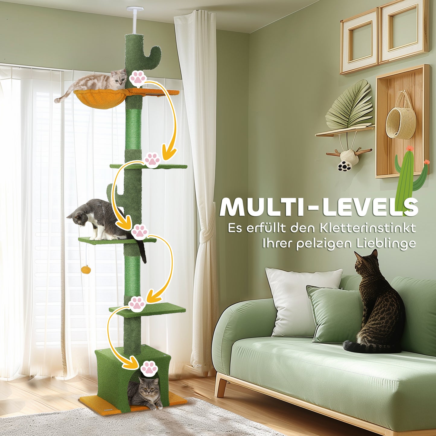 PawHut Höhenverstellbarer Kratzbaum 230-275 cm, platzsparend, Spielzentrum mit Hängematte, Grün
