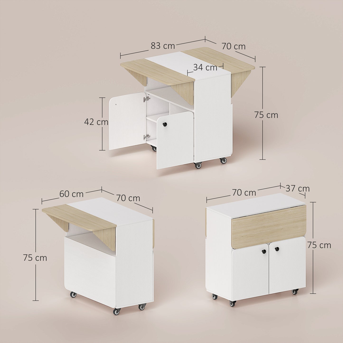 HOMCOM Klapptisch Rollschrank, zwei klappbare Tischseiten, Schrankfach, 4 Rollen, Weiß+Naturholz, 70 x 83 x 75cm